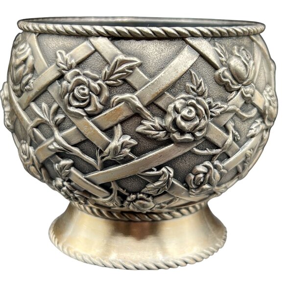 Vintage Pewter Trinket Dish Vase Intricate Trellis Climbing Rose Basket Weaved - Picture 1 of 9